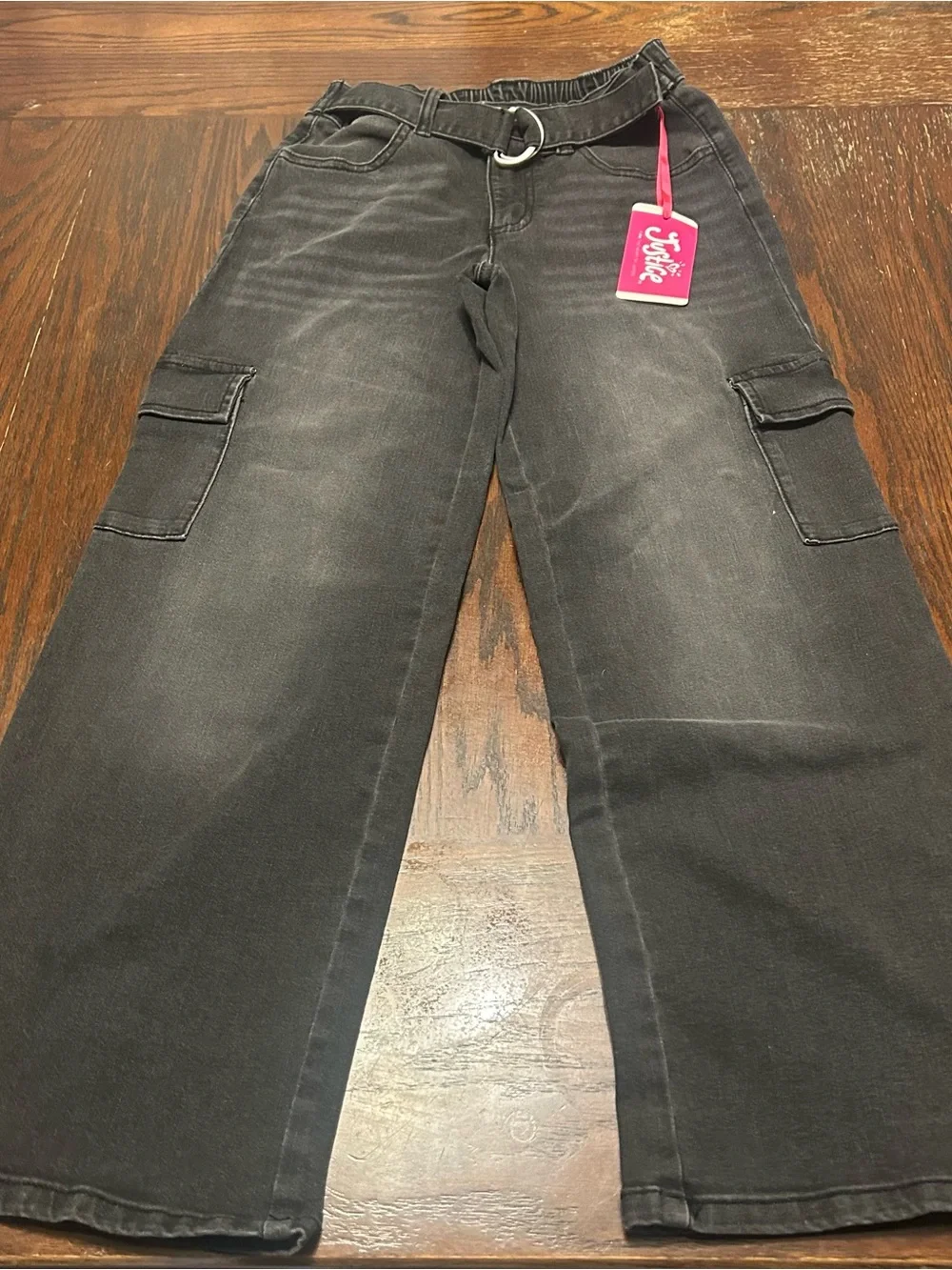 NWT Justice Girls Size 10 Black Denim Cargo Wide Leg Jeans Belted Y2K